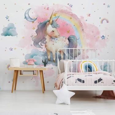 Imagem de Papel de Parede Unicórnio Aquarela Arco-íris para Menina 9m²