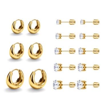 Imagem de DGhera Conjunto de 5 pares de brincos de pino plano e 3 pares de brincos de argola, zircônia cúbica hipoalergênica F136, joias de aço inoxidável para mulheres e homens, tamanho CZ 3-7 mm, 20 Gauge