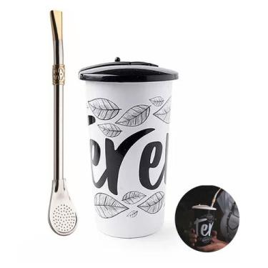 Imagem de Kit Bomba Chimarrão 23cm Aço Niquelado Anel Cuia  + Copo Plástico Tere