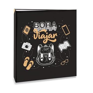 Imagem de Álbum de fotos Ical, encadernação fichário, para 100 fotos 15x21cm - envelope plástico branco - linha Viagem - modelo preto - mochila - bora viajar - 557