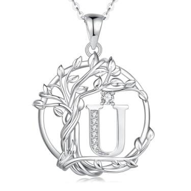 Imagem de FANCIME Colar feminino com inicial árvore da vida, joia de árvore de prata esterlina, pingente de letra de diamante simulado, zircônia cúbica, zircônia cúbica, presente de aniversário e dia das mães