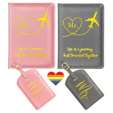 Imagem de Slohif Conjunto de porta-passaporte e etiqueta de bagagem Mr and Mr – Orgulho LGBTQ, acessórios de viagem para lua de mel, presentes de casamento e dia dos namorados para casais gays, Rosa, cinza