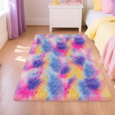 Imagem de TENNOLA Tapetes de área de arco-íris 0,9 x 1,5 m, unicórnio tingido com nó felpudo felpudo macio para quarto, sala de estar, tapete de chão interno, crianças, meninas, meninos, decoração de casa,
