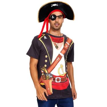 Imagem de Ibeauti Fantasia de pirata masculina Priate camiseta caveira chapéu olho patch moeda colar engraçado pirata conjunto acessórios para Halloween (2GG)