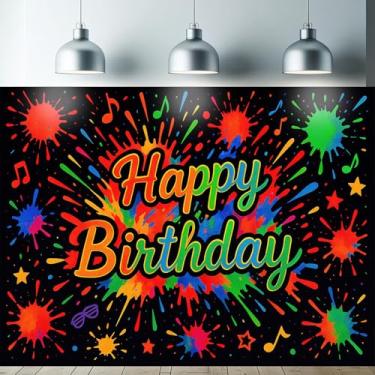 Imagem de Starlit Patio Tapeçaria reativa UV Blacklight Happy Birthday 188 x 159 cm, decorações de aniversário neon que brilham no escuro para crianças e adultos, decoração de quarto psicodélico triplo