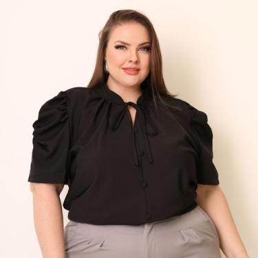 Imagem de Blusa Feminina Plus Size Gola Lacinho Manga Curta Com Botoes - Look Mo