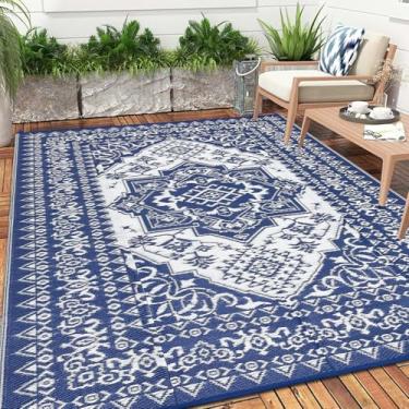 Imagem de GarveeLife Tapete de palha de plástico reversível impermeável 20 x 25 cm, grande, azul escuro e branco, medalhão vintage, para deck, varanda, acampamento, praia, piquenique, uso interno/externo