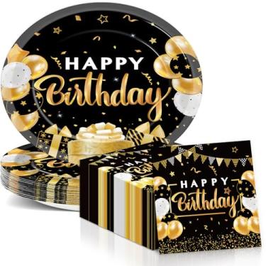Imagem de Prato de papel oval de aniversário, 28 cm, pratos e guardanapos grandes, para decoração de festa preto e dourado, bandeja de prato para homens e mulheres, aniversário, chá de bebê, suprimentos de