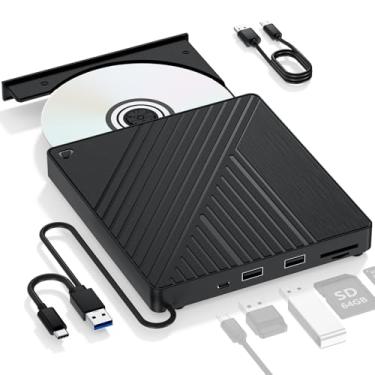 Imagem de Unidade Blu-ray externa ultra-portátil 5 em 1: USB 3.0 e gravador de DVD/CD USB-C, leitor de BD com duas portas USB-A e leitores de cartão SD/TF – Compatibilidade perfeita de laptop/PC para Windows