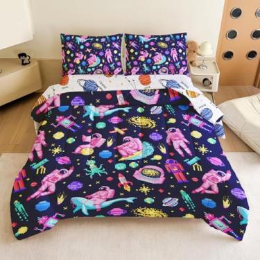 Imagem de Jogo de cama casal para meninos – Conjunto de edredom completo com 5 peças, foguete e planeta galáxia, lavável na máquina, durável – ideia de presente para quarto de meninos e meninas