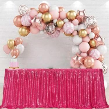 Imagem de Saia de mesa com lantejoulas Spakly Drapeada para festa de aniversário, chá de bebê, mesa de sobremesas, mesa de bolo de casamento, recepção, rosa choque, 1,83 m x 76 cm