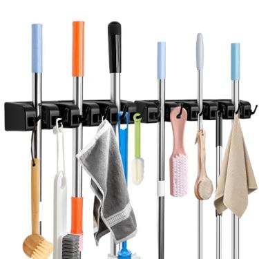 Imagem de InPoTo Suporte de vassoura e esfregão, organizador de parede e suporte de ferramentas de armazenamento de vassoura com 5 compartimentos de bola e 6 ganchos (pacote com 2)
