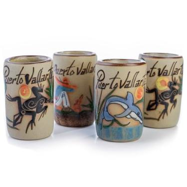 Imagem de MEXTEQUIL - Copos de dose de tequila - Conjunto de 4 copos de shot mexicanos - 59 ml - Cerâmica - Coleção Mexican Beach - Pintado à mão (Puerto Vallarta)