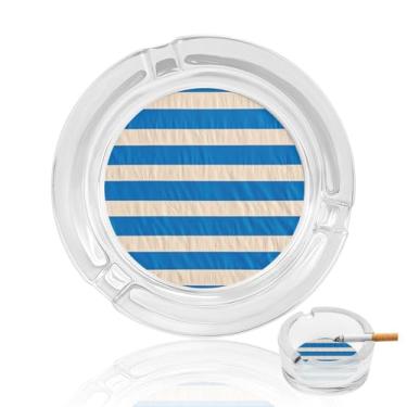 Imagem de Cinzeiro de vidro de cristal com listras brancas e azuis, cinzeiro redondo de vidro resistente para fumar cinzeiro portátil decorativo moderno para uso em casa, escritório, ambientes internos e