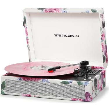 Imagem de Leitor de discos Bluetooth vintage de 3 velocidades com alto-falantes embutidos, toca-discos de vinil LP retrô portátil com gravação USB, reprodução de música sem fio, conector RCA/AUX/fone de ouvido