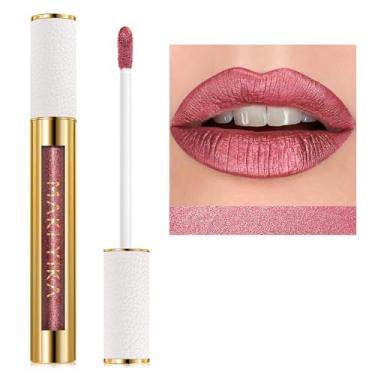 Imagem de MAKI YIKA Batom vermelho para mulheres, batons metálicos, glíter, longa duração, sem manchas, sem transferência, brilho labial líquido (BR03 Be Happy)