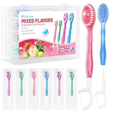 Imagem de Litlcutie Conjunto de escovas de dentes de viagem 5 em 1, mini escova de dentes descartável com pasta de dente + fio dental + palheta + raspador de língua para trabalho/acampamento/viagem, embalado