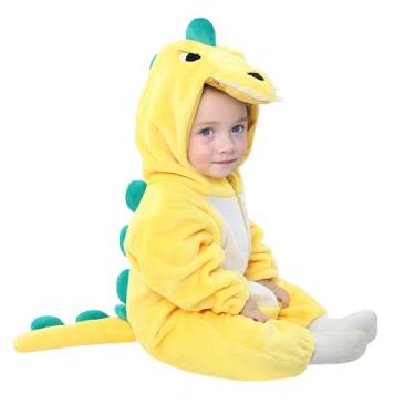 Imagem de TONWHAR Macacão unissex com capuz para bebês e crianças pequenas, Dinossauro amarelo, 2-3 Months