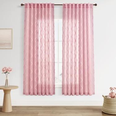 Imagem de Cortinas transparentes rosa 182 cm de comprimento, 2 painéis, cortinas semitransparentes com filtro de luz para quarto de crianças, quarto de crianças, bolso para varão, padrão geométrico, pompom