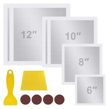 Imagem de Kit de reparo de drywall de 6/8/10/12 polegadas, 6 peças kit de remendo de malha autoadesiva resistente para furos grandes - inclui raspador e lixas, ideal para reparos de drywall, sheetrock, parede e