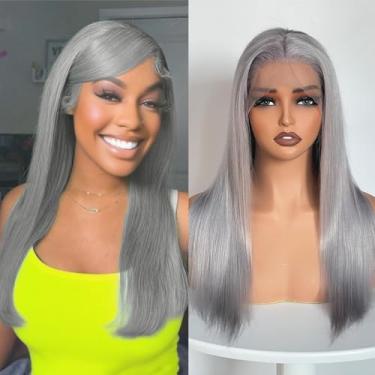 Imagem de Perucas de cabelo humano 200% 13 x 4 camadas cinza prateado cabelo humano seda cabelo humano Remy brasileiro liso perucas cinza para mulheres negras 50,8 cm sem cola UHD Suíça peruca frontal de renda