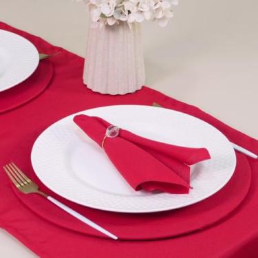 Imagem de Kit Mesa Posta 2 Lugares, 7 Peças, Caminho de Mesa 130x40cm, Sousplat 35cm, Guardanapo com Anel Cristalino, Vermelho (Dourado)