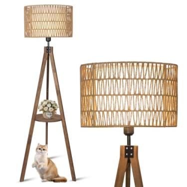 Imagem de LAMSU Tripé Boho Candeeiros de chão para sala de estar, luminária de chão de madeira de vime com persianas de tecido, lâmpada de pé de meados do século com prateleira, interruptor de pé, lâmpadas
