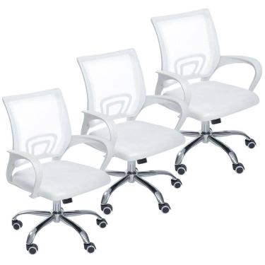 Imagem de Kit 3 Cadeiras De Escritório Mesh Assento Estofado Base Giratória 9050 - Branca