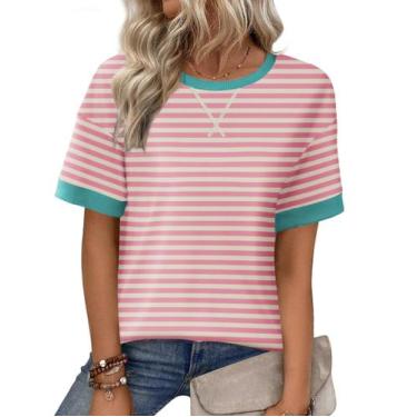 Imagem de Camisa feminina listrada Zeagoo, de tamanho grande, gola redonda, mang