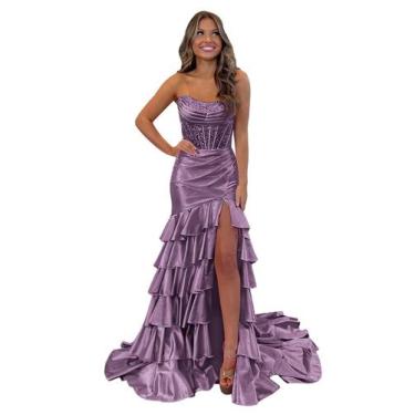 Imagem de Vestido de baile Mollyevers Tiered Ruffle Wisteria Satin tamanho 16