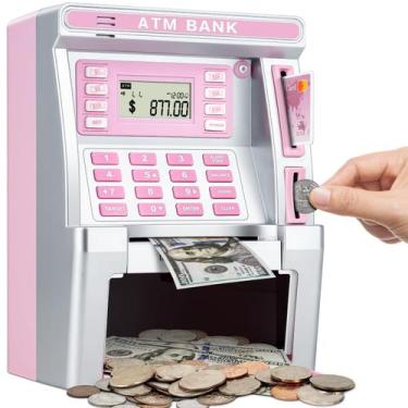 Imagem de Máquina ATM Piggy Bank BAODLON para crianças com cartão de débito rosa