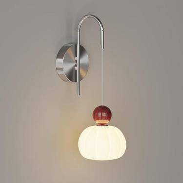 Imagem de Luminária de parede LED creme moderna com iluminação dimerizável para quarto infantil com abajur de PE de abóbora branca, luminária de parede de cabeceira cromada de 10 W com fio para quarto