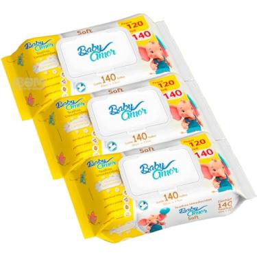 Imagem de Baby Amor Lenços Umedecidos Soft, Kit com 3 Pacotes de 140 Unidades, Sem Álcool Etílico, Hipoalergênico