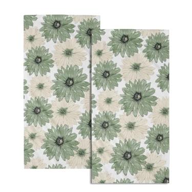Imagem de Conjunto de 2 toalhas de mão de flor verde sálvia e creme com 2 toalhas de chá florais boêmias macias e absorventes verdes boho pano de lavagem para férias, banheiro, cozinha, bar, praia, academia