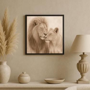 Imagem de Quadro Arte Bege Leão E Leoa - 33X33Cm - Com Vidro - Quadros On-Line
