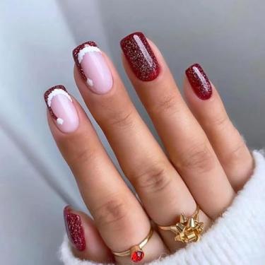 Imagem de Pregos postiços quadrados médios com desenhos de chapéu de Natal cola brilhante nas unhas vermelhas com ponta francesa prensa unhas acrílicas com glitter, unhas rosas, 24 peças