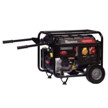 Imagem de GERADOR TOYAMA A GASOLINA TG8000CXE3D, TRIFASICO, 220V, 60HZ, 7.0KW/8,75KVA, PART. ELETRICA/MANUAL, COM RODAS