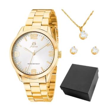 Imagem de Kit Relógio Feminino Banhado a Ouro Aço Inox + Colar e Brincos Strass Luxo Elegante Presente