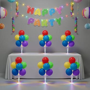 Imagem de Conjunto de 6 centros de mesa com suporte de balão com luzes LED para decoração de festa, centros de mesa de balões para mesa, kit de suporte de balão para decorações de formatura 2025, casamentos