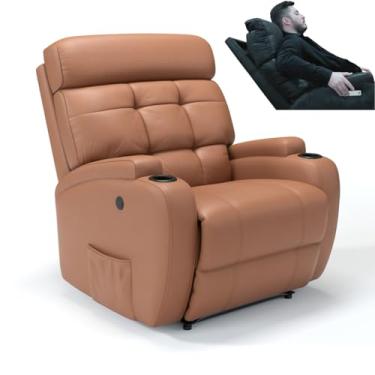 Imagem de Poltrona do Papai Reclinável Elétrica Bivolt Com Motor de Pescoço em Couro Bovino Damie (Caramelo)
