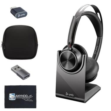 Imagem de Fone de ouvido sem fio Poly Voyager Focus 2 UC e suporte de carregamento – fones de ouvido + estação de carregamento + adaptador USB-C para A + dongle USB + bolsa + pano de microfibra