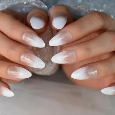 Imagem de Pregos franceses brancos com glitter com design reutilizável acrílico kit de cobertura completa - unhas postiças para mulheres, cola gelatinosa, lixa