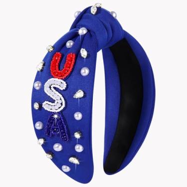 Imagem de Bandanas femininas de 4 de julho, acessórios de 4 de julho, faixas de cabelo patrióticas com bandeira americana, faixas de cabelo com nó de pérola de strass, contas enfeitadas, acessórios de cabelo