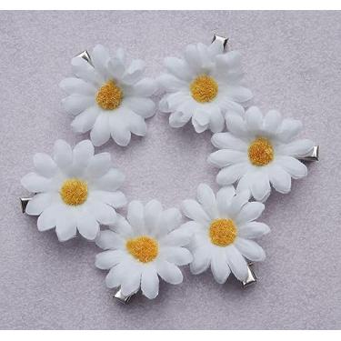 Imagem de 6 peças de clipes de cabelo margarida vintage flor de sol com grampos de cabelo jacarés presilhas de cabelo para mulheres casamento verão praia dama de honra festa nupcial acessórios de cabelo (branco