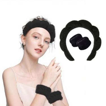 Imagem de Conjunto de tiara e pulseira de pelúcia para lavagem do rosto, rotina de cuidados com a pele, limpeza facial, casa, spa, faixa de cabelo para uso feminino (preto)