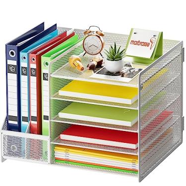 Imagem de Marbrasse Organizador de mesa com suporte de arquivo, bandeja de papel de 5 camadas, organizadores de mesa de malha e acessórios com suporte de revista, organizador de mesa e armazenamento para