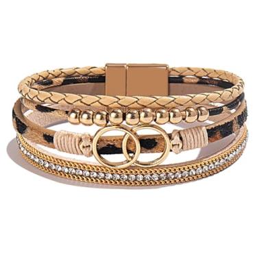 Imagem de P Ammy Fashion® Pulseiras de couro PU multicamadas com punho boho largo colorido leopardo pulseiras com fecho magnético, Medium, Couro sintético
