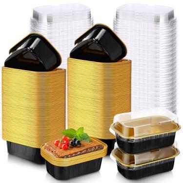 Imagem de Vesici 100 conjuntos de mini formas de pão com tampas, copos descartáveis de folha de alumínio de 162 g, formas de bolo retangulares para pudim, sobremesas, armazenamento de muffins, suprimentos de