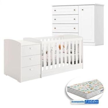 Imagem de Berço Multifuncional Atlanta E Cômoda Infantil Mississipi Henn Branco 