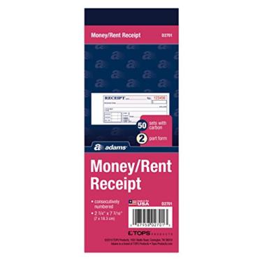 Imagem de Adams Livro de recibos de dinheiro/aluguel, 2 peças, 50 carbonos, 2-3/4 x 7-3/16 polegadas, 50 conjuntos por livro (D2701)